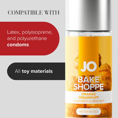 JO Bake Shoppe bottle with text noting compatibility with latex and polyurethane condoms and toy materials