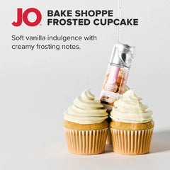 JO Bake Shoppe Frosted Cupcake bottle balanced on cupcakes highlighting soft vanilla and creamy frosting scent