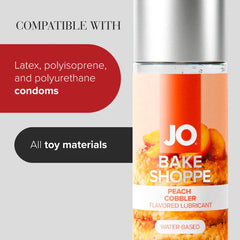 JO Bake Shoppe Peach Cobbler lubricant compatible with latex and polyurethane condoms and toy materials