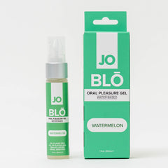 JO Blo 1 oz watermelon gel beside its green retail box, water-based formula