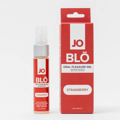JO Blo 30mL pump bottle beside its red retail box, water-based strawberry oral pleasure gel