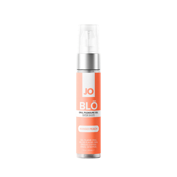 JO Blo Mango Peach oral pleasure gel in a slim coral pump bottle, 1 oz