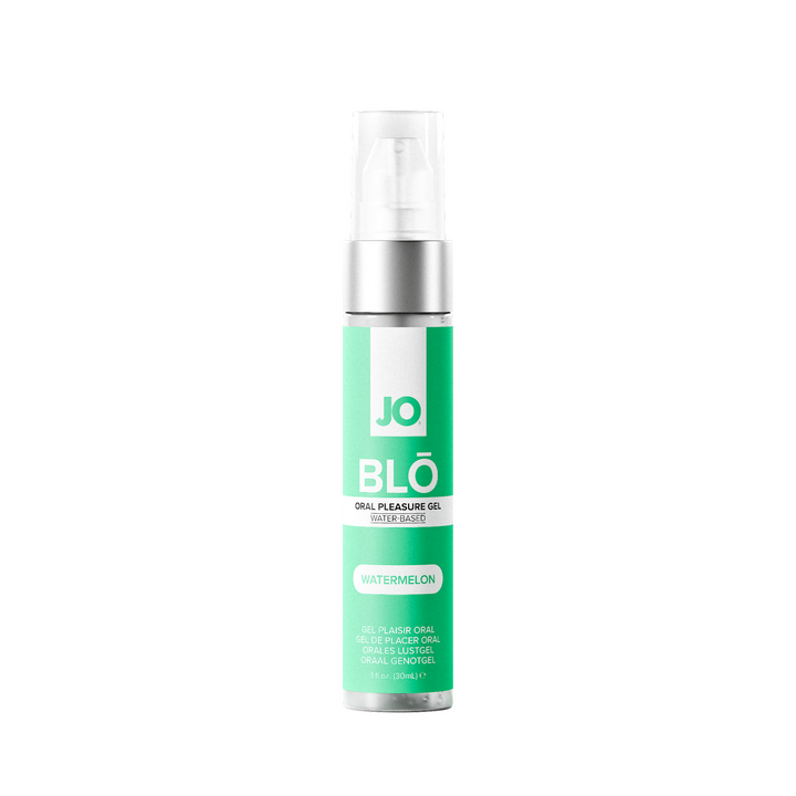 JO Blo Watermelon oral pleasure gel in a slim green pump bottle, 1 oz