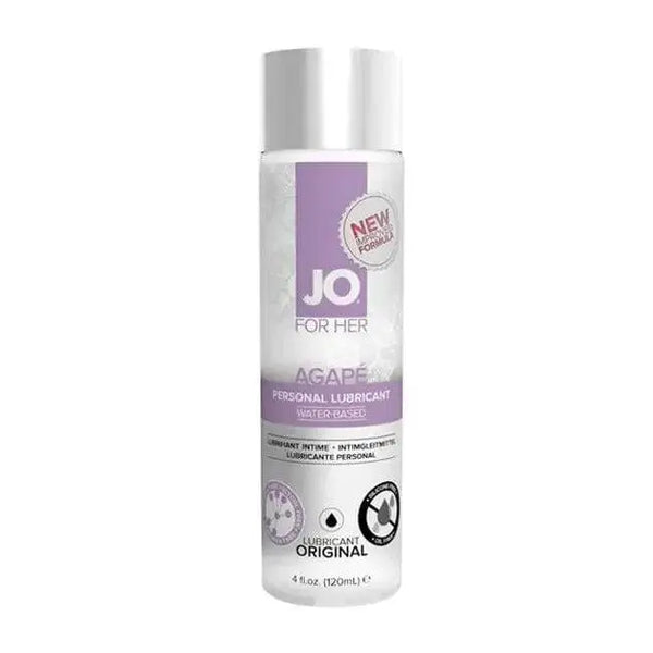 JO Agape water-based personal lubricant in a 4 fl oz white bottle with purple label