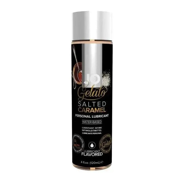 JO Gelato Salted Caramel flavored water-based personal lubricant in a 4 oz black bottle
