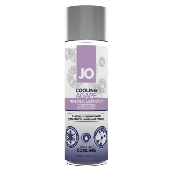 JO Agape Cooling personal lubricant in a slim white 2 fl oz bottle with lavender label