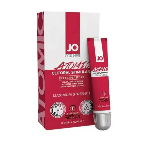JO Atomic Clitoral Stimulant silicone-based gel tube and red box, maximum strength