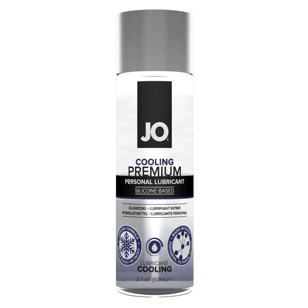 JO Premium Cooling Silicone Lubricant in a white 2 fl oz bottle with silver cap