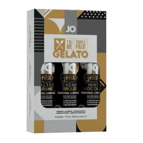 JO Tri-Me Triple Pack Gelato water-based lubricants in Salted Caramel, Crème Brûlée, Mint Chocolate
