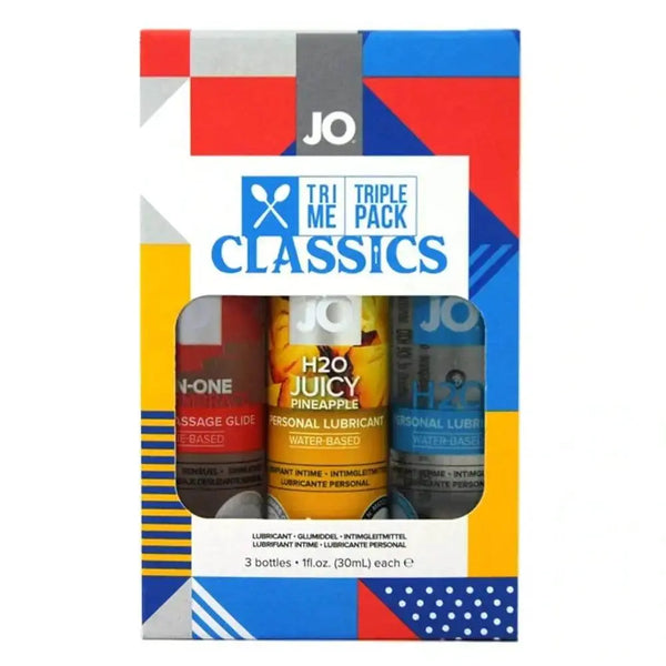 JO Tri-Me Triple Pack Classics with three 30ml water-based personal lubricant bottles
