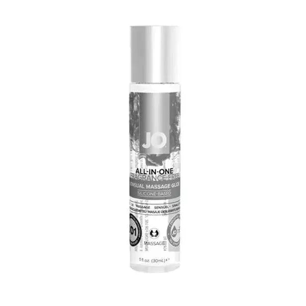 JO All-In-One Massage Glide Unscented 1oz clear silicone-based formula in slim bottle