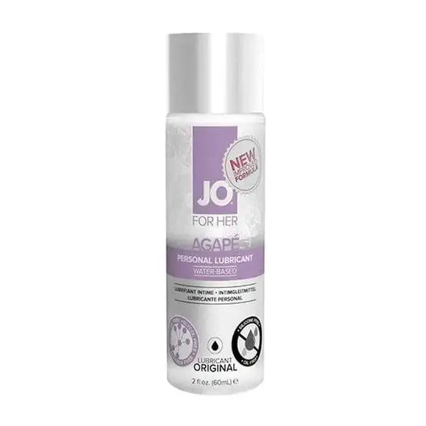 JO Agape For Her water-based personal lubricant in a 2 oz clear bottle with silver cap