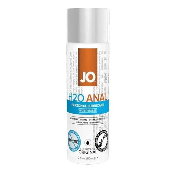 JO Anal H2O Lubricant 2oz bottle, water-based formula in a clear flip-top container