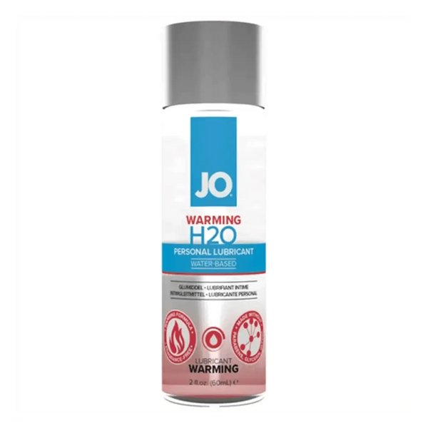 JO H2O Warming Lubricant 2oz bottle with water-based formula in clear flip-top design