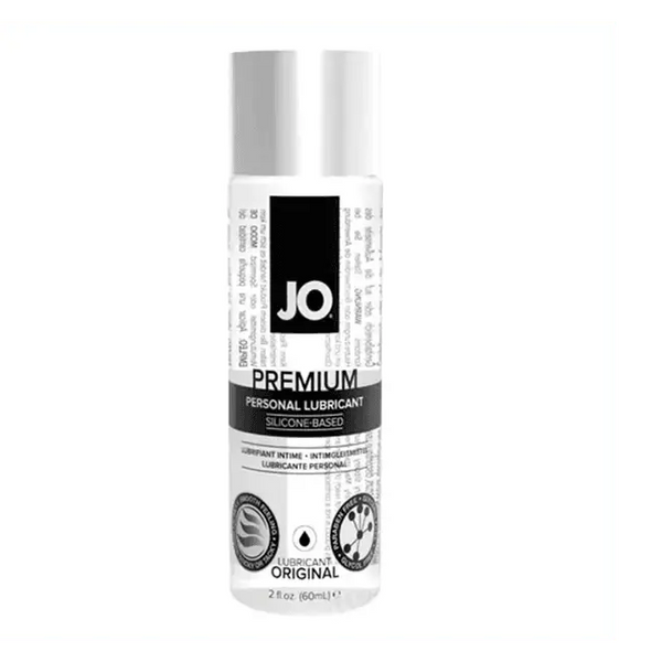 JO Premium Silicone Lubricant 2oz clear bottle with black label and flip-top cap