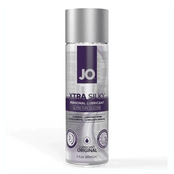 JO Xtra Silky Silicone Lubricant 2oz clear bottle with silver pump cap