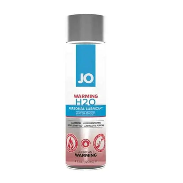 JO H2O Warming Lubricant 4.5oz in a clear bottle with blue and pink label