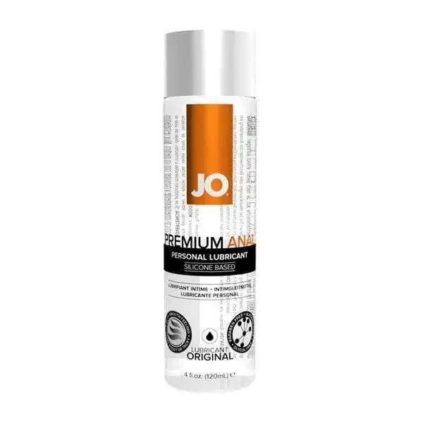 JO Anal Premium Silicone lubricant 4oz clear bottle with orange label and flip cap