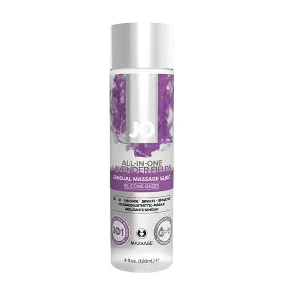 JO Massage Glide Lavender 4oz silicone-based formula in a clear bottle with purple label