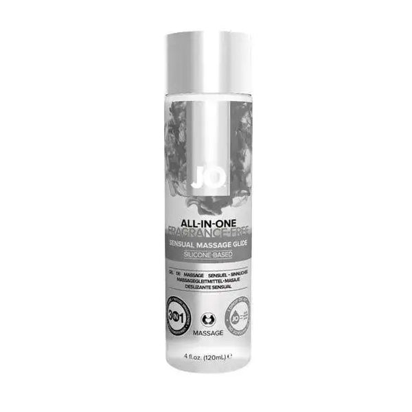 JO All-In-One Fragrance-Free Silicone Massage Glide in a clear 4 oz bottle