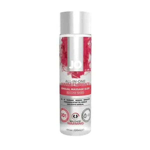 JO Massage Glide Warming 4oz silicone-based bottle with pink swirl label design