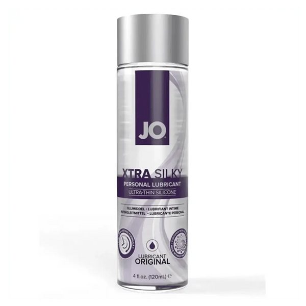 JO Xtra Silky silicone personal lubricant in a clear 4 fl oz bottle with silver cap