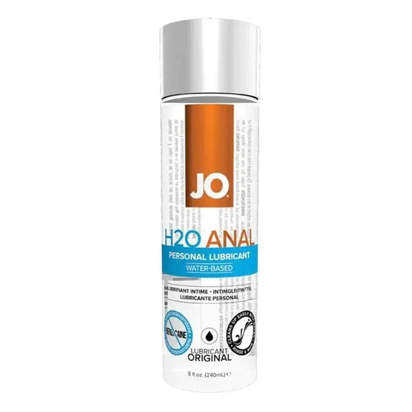 JO Anal H2O Lubricant 8oz bottle with water-based formula label in white and orange