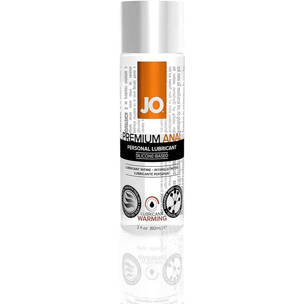 JO Premium Anal Warming Lubricant in a clear 60 mL bottle with silicone-based formula