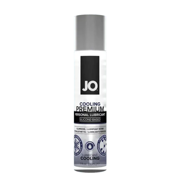 JO Premium Cooling Lubricant 1 fl oz silicone-based formula in a sleek white pump bottle