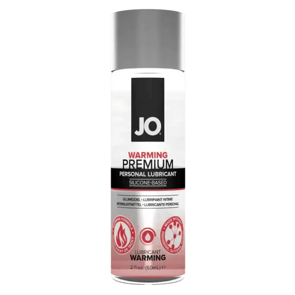 System JO Premium Warming Silicone Lubricant in a clear 2 fl oz bottle with grey cap