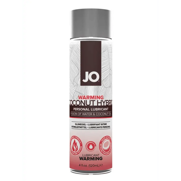 JO Coconut Hybrid Warming personal lubricant in a clear 4 fl oz bottle with warming icons