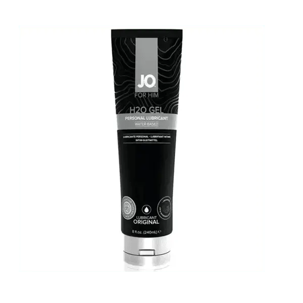 JO For Him H2O Gel personal lubricant in a sleek black 8 fl oz squeeze tube