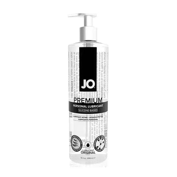JO Premium Silicone Lubricant 16oz pump bottle with clear silicone-based formula visible