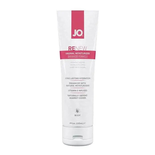 System JO Renew Vaginal Moisturizer 120ml tube, white with pink accents, vitamin E infused