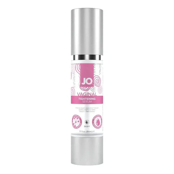 JO Vaginal Tightening Serum in a sleek white pump bottle with silver cap, 1.7 fl oz