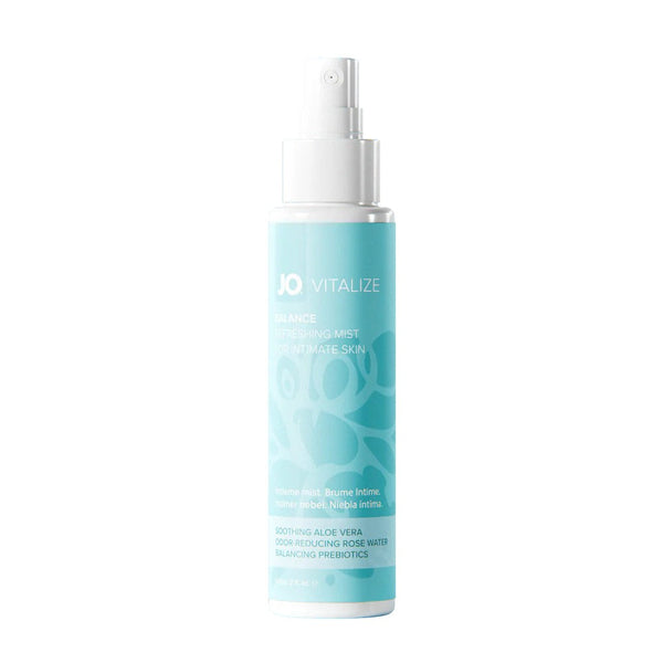 JO Vitalize Balance Refreshing Intimate Mist in a teal spray bottle, 2oz