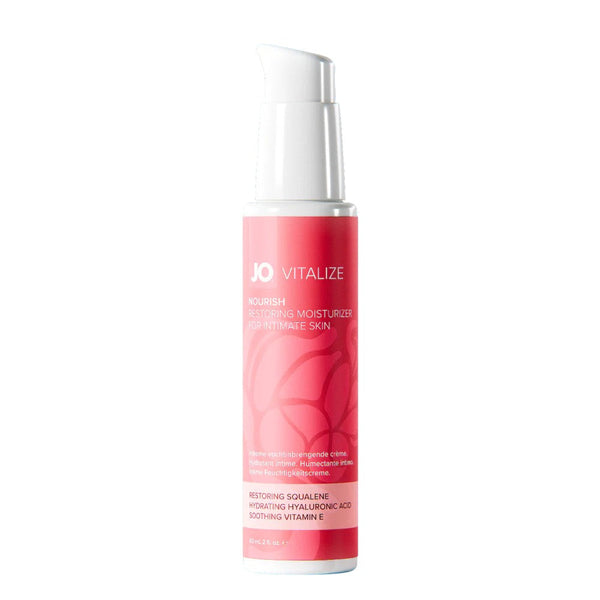 JO Vitalize Nourish Intimate Moisturizer in a pink pump bottle, 2 oz