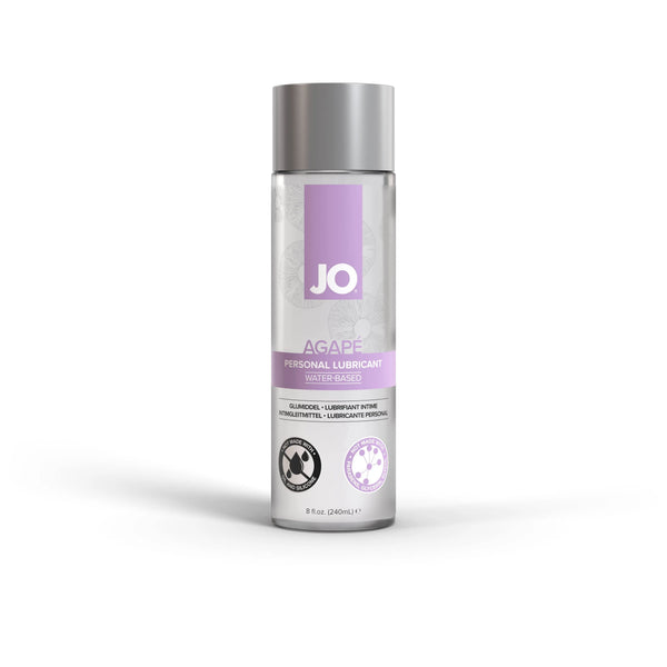 JO Agape water-based personal lubricant, 8 fl oz clear bottle with lavender label