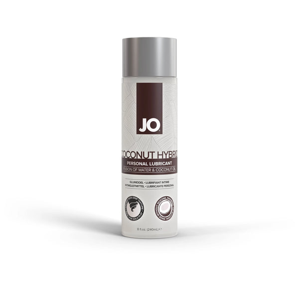 JO Coconut Hybrid personal lubricant, 8 fl oz white bottle with silver cap and coconut icons