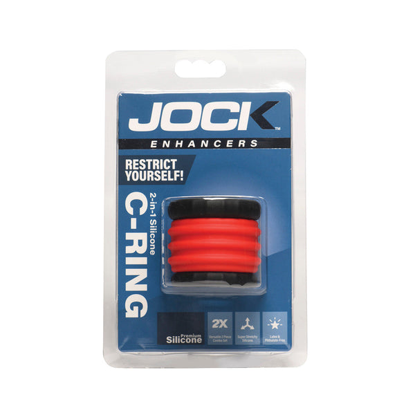 Jock 2-in-1 Silicone C-Ring in retail blister packaging showing red and black ring set