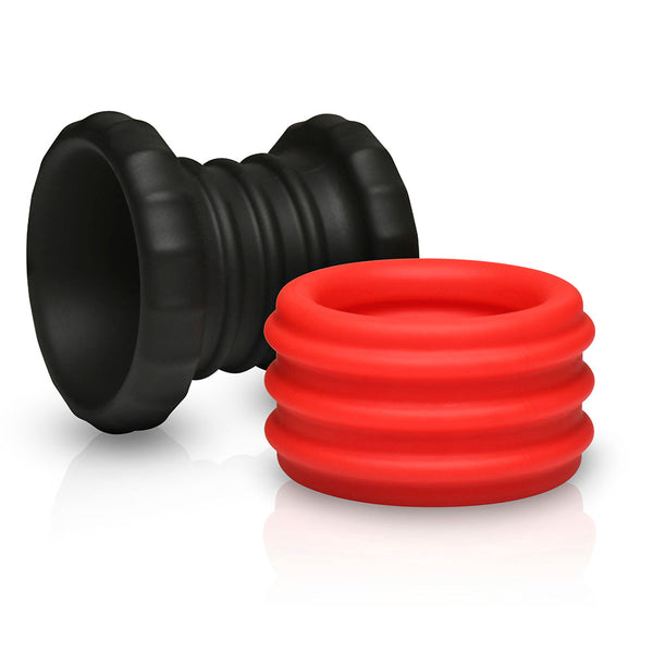 Jock 2-in-1 Silicone Cock Ring set in black and red, ribbed texture, shown separated