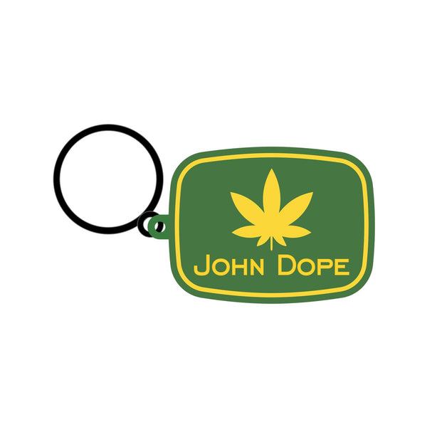 John Dope enamel keychain featuring a yellow cannabis leaf on a green rectangular fob