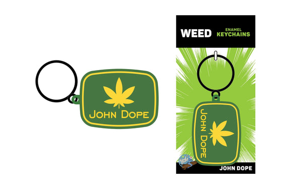 John Dope keychain shown beside its green branded Weed Enamel Keychains retail packaging