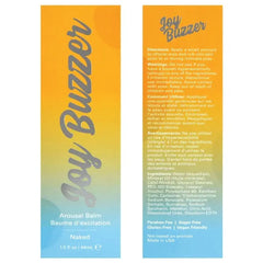 Joy Buzzer Arousal Balm back panel showing ingredients, directions, and paraben-free claims