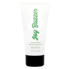 Joy Buzzer Arousal Balm in Mojito Twist, white squeeze tube with green script lettering, 44mL
