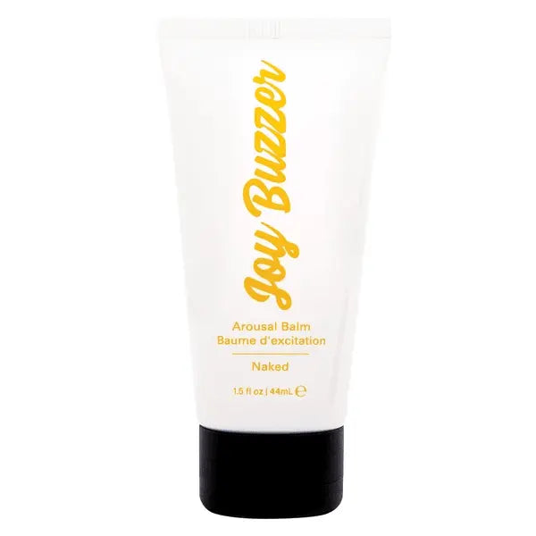 Joy Buzzer Arousal Balm Naked in white squeeze tube with yellow script logo and black cap