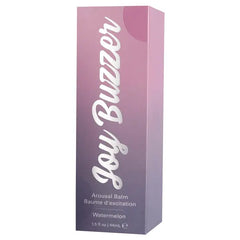 Joy Buzzer Arousal Balm retail box with pink-to-purple gradient and silver foil branding, 44mL