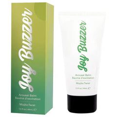 Joy Buzzer arousal balm tube beside its gradient green box, showing front label and size details