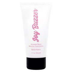 Joy Buzzer Arousal Balm in Watermelon, white squeeze tube with pink script lettering, 44mL