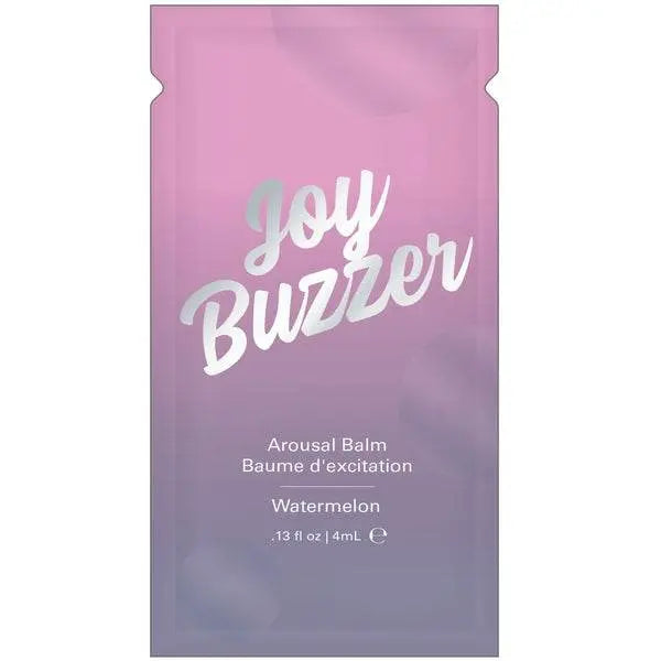Joy Buzzer watermelon arousal balm foil packet in pink-purple gradient, 4mL single-use size